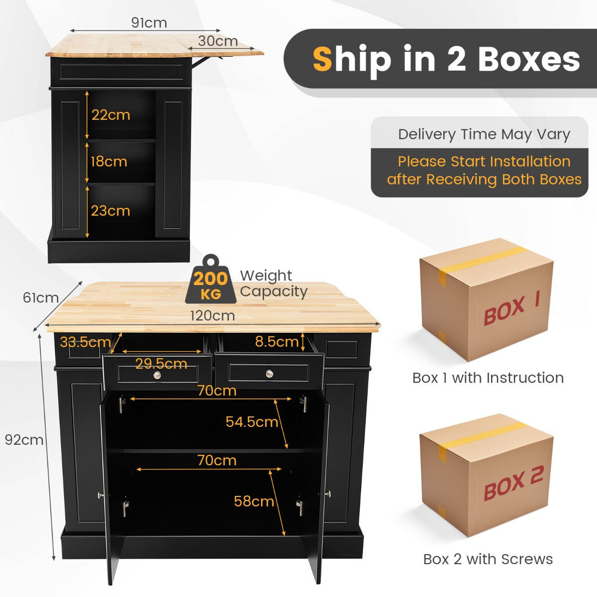 Kitchen Island with Drop Leaf Countertop and 3-Level Adjustable Shelves-Black