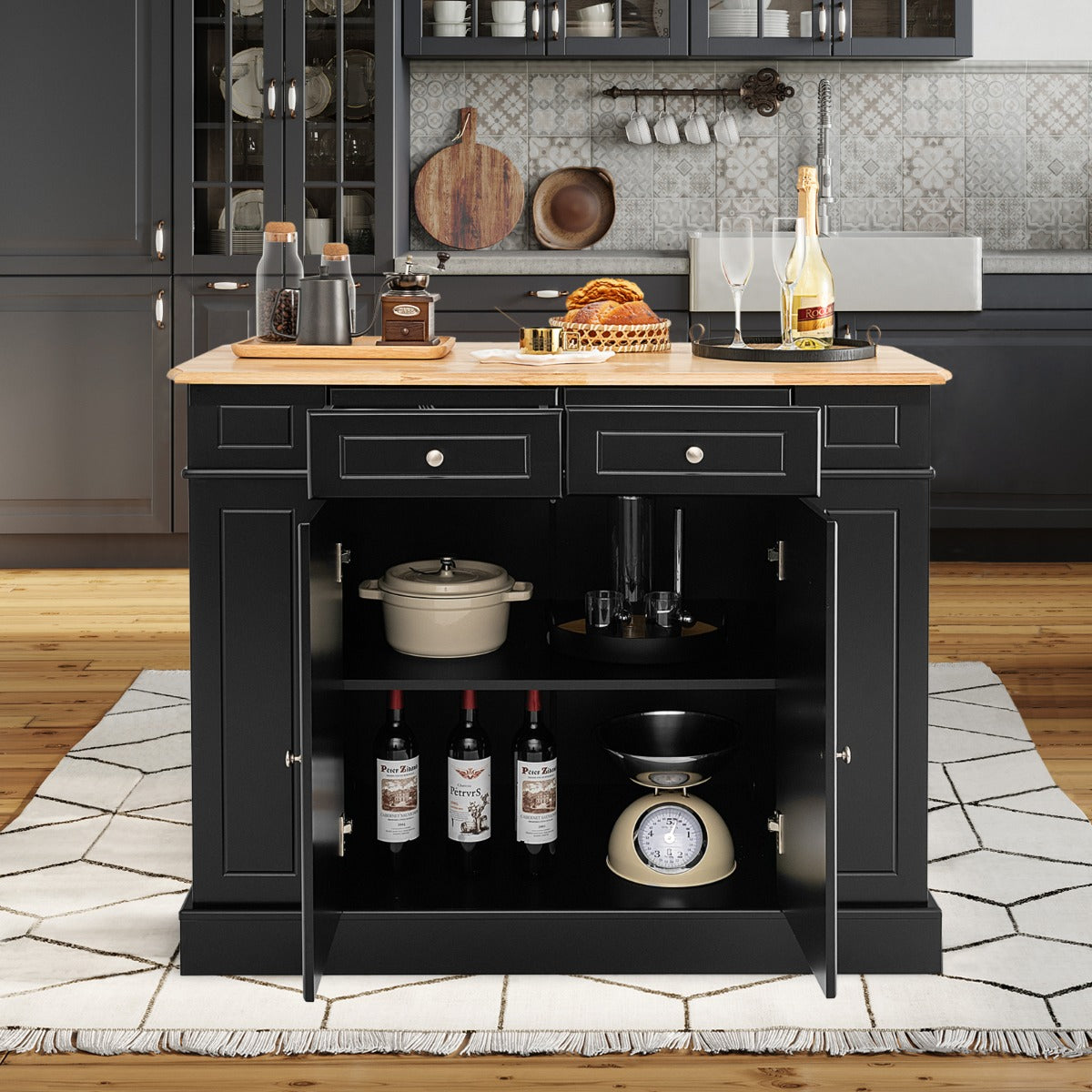 Kitchen Island with Drop Leaf Countertop and 3-Level Adjustable Shelves-Black