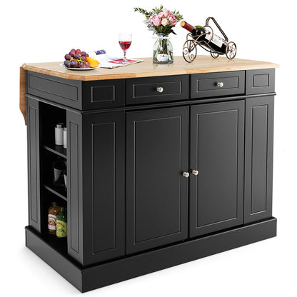 Kitchen Island with Drop Leaf Countertop and 3-Level Adjustable Shelves-Black