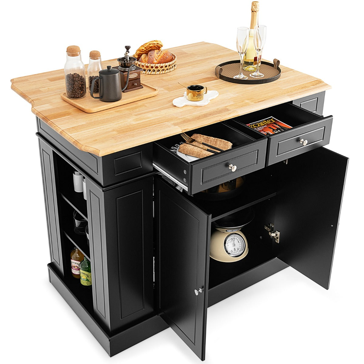 Kitchen Island with Drop Leaf Countertop and 3-Level Adjustable Shelves-Black