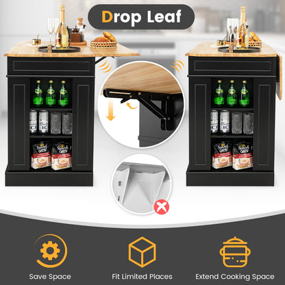 Kitchen Island with Drop Leaf Countertop and 3-Level Adjustable Shelves-Black
