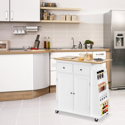 Kitchen Island with Rubber Wood Countertop and Adjustable Shelf-White