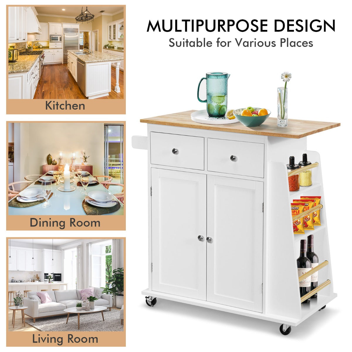 Kitchen Island with Rubber Wood Countertop and Adjustable Shelf-White