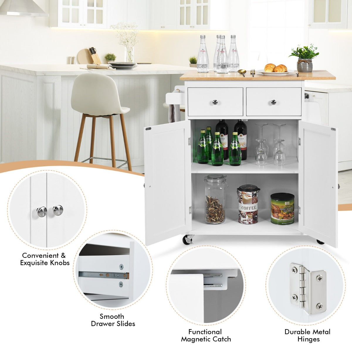Kitchen Island with Rubber Wood Countertop and Adjustable Shelf-White