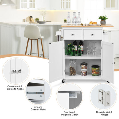 Kitchen Island with Rubber Wood Countertop and Adjustable Shelf-White