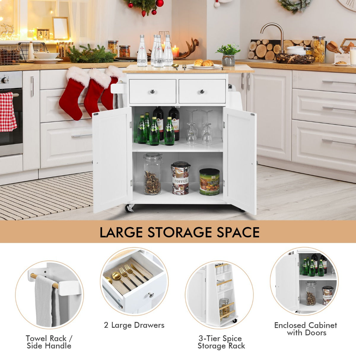 Kitchen Island with Rubber Wood Countertop and Adjustable Shelf-White