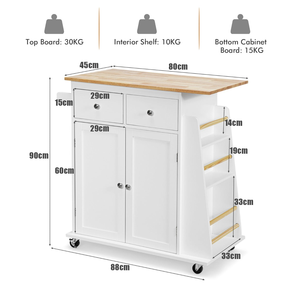 Kitchen Island with Rubber Wood Countertop and Adjustable Shelf-White