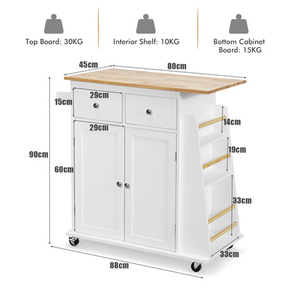 Kitchen Island with Rubber Wood Countertop and Adjustable Shelf-White