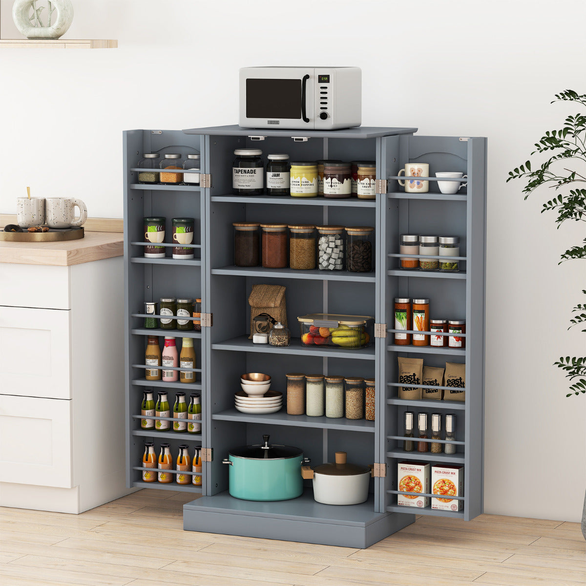 Kitchen Pantry Cabinet with Doors and Adjustable Shelves-Grey