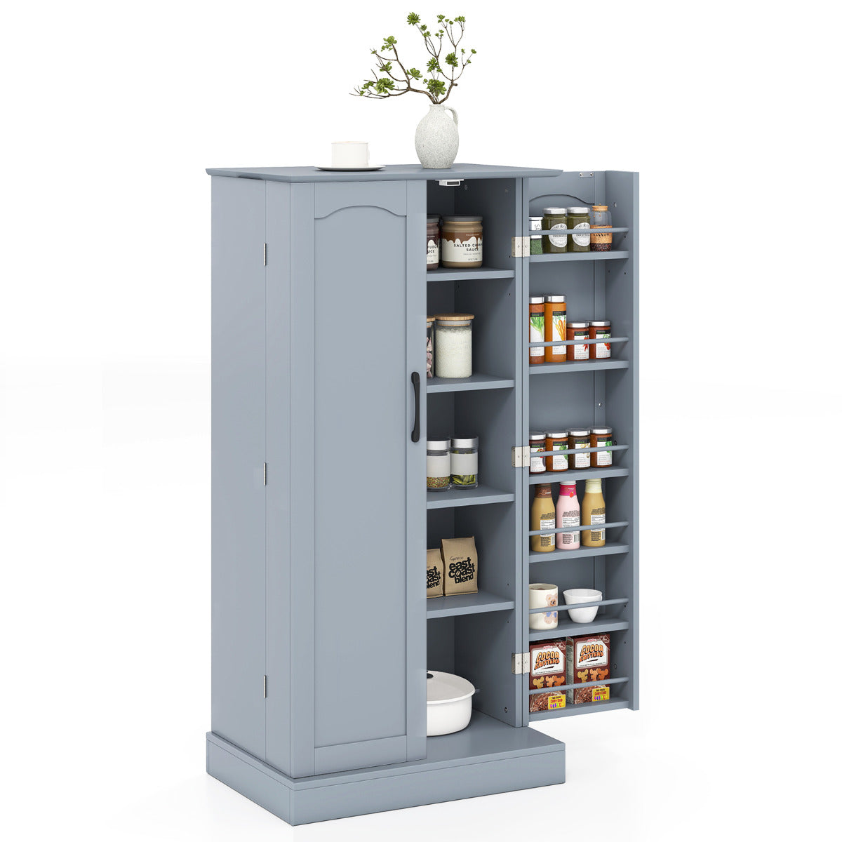 Kitchen Pantry Cabinet with Doors and Adjustable Shelves-Grey