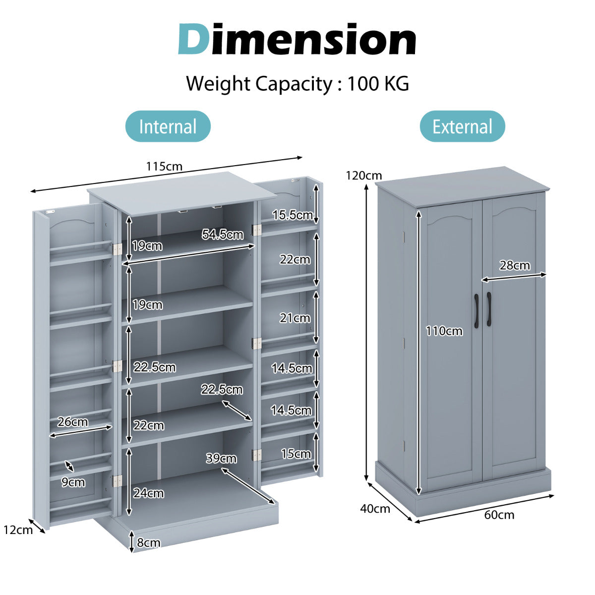 Kitchen Pantry Cabinet with Doors and Adjustable Shelves-Grey