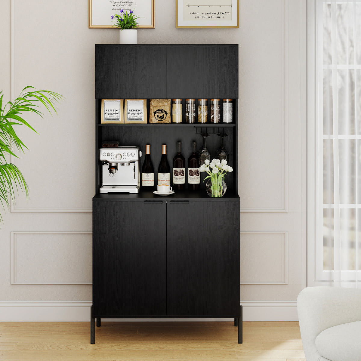 Kitchen Pantry Cabinet with Charging Station 164 cm Tall Wine Bar Cabinet-Black