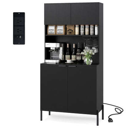 Kitchen Pantry Cabinet with Charging Station 164 cm Tall Wine Bar Cabinet-Black