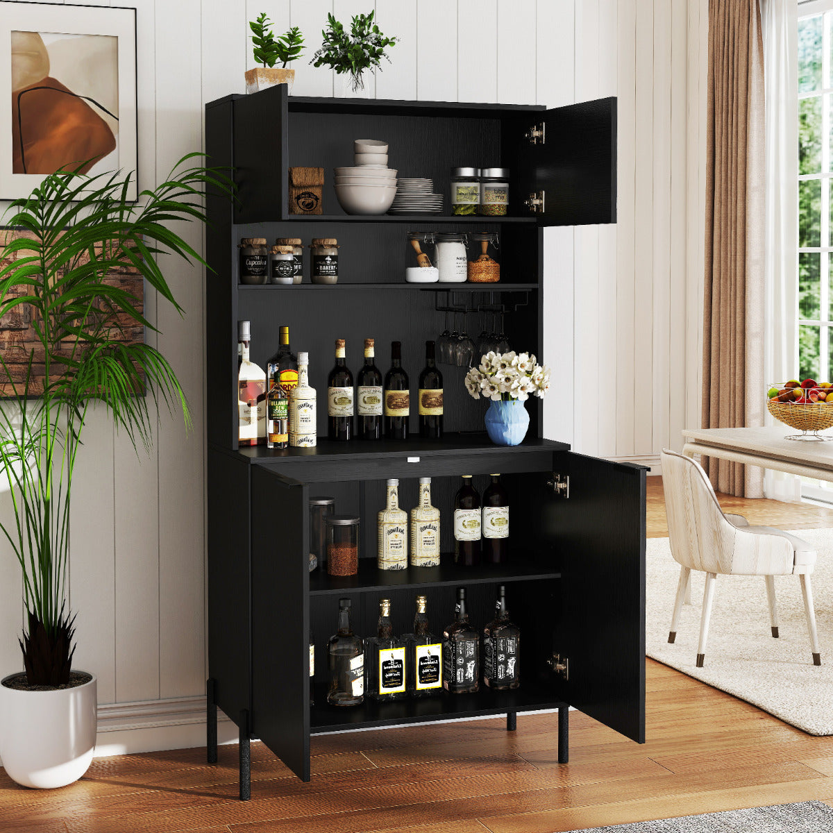 Kitchen Pantry Cabinet with Charging Station 164 cm Tall Wine Bar Cabinet-Black