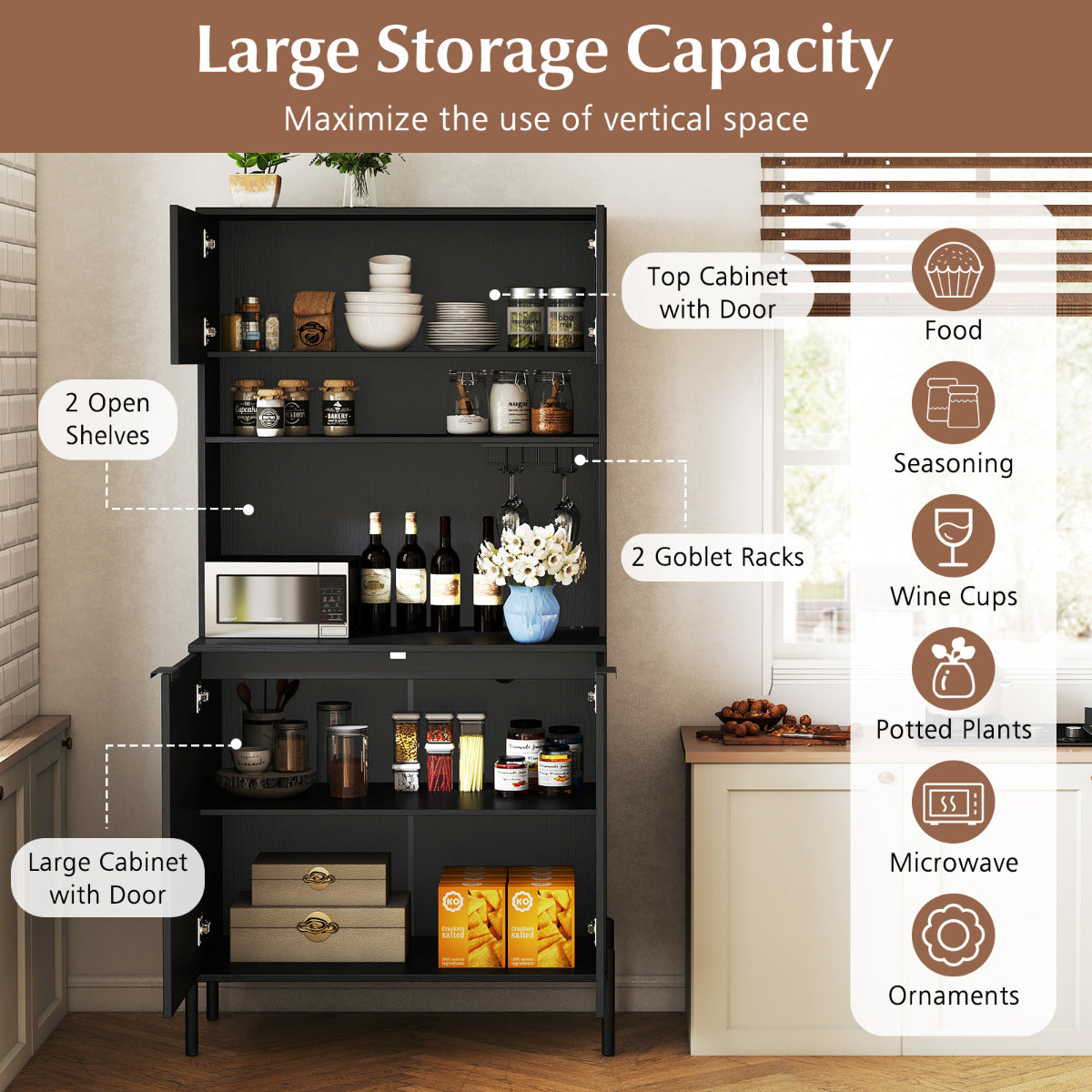Kitchen Pantry Cabinet with Charging Station 164 cm Tall Wine Bar Cabinet-Black