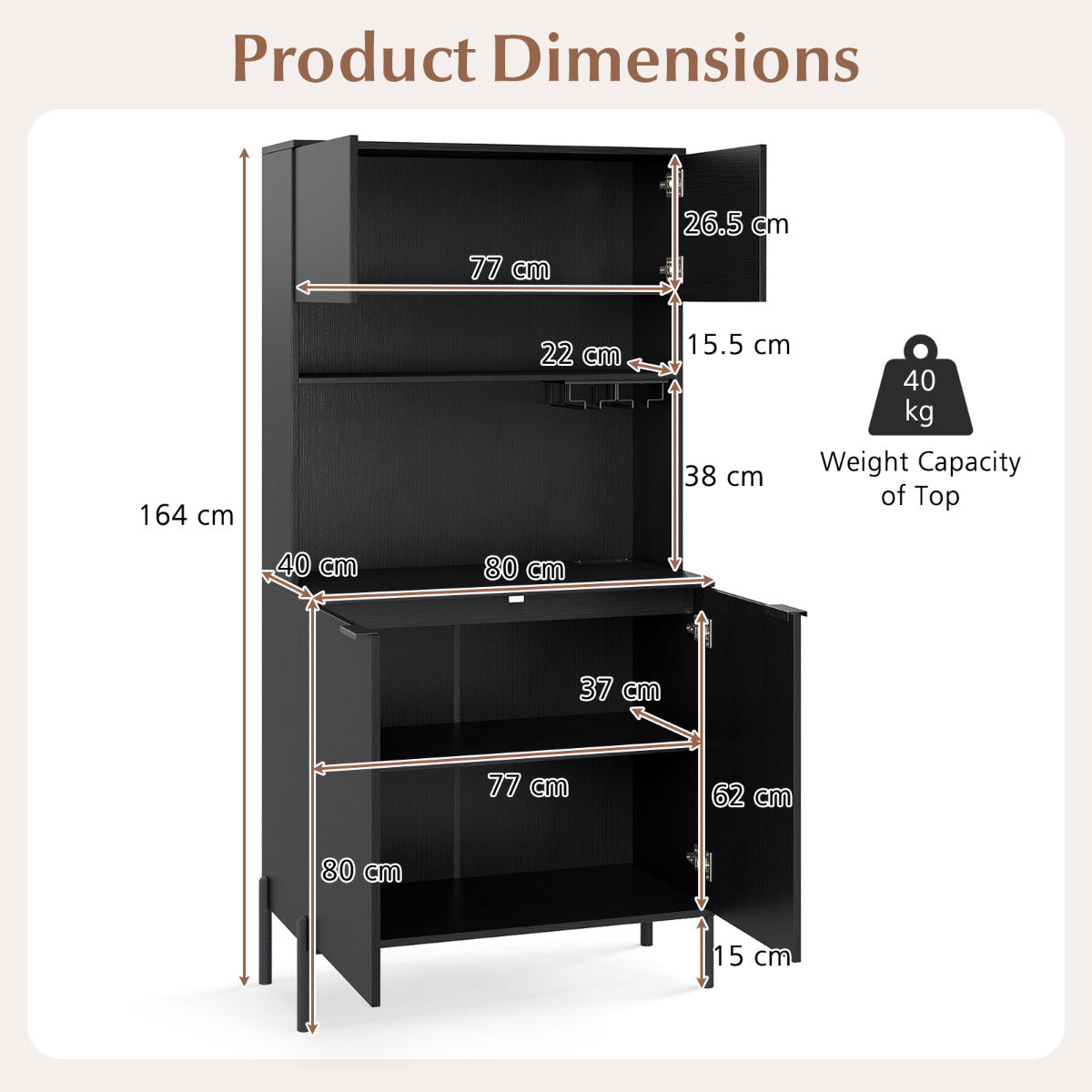 Kitchen Pantry Cabinet with Charging Station 164 cm Tall Wine Bar Cabinet-Black