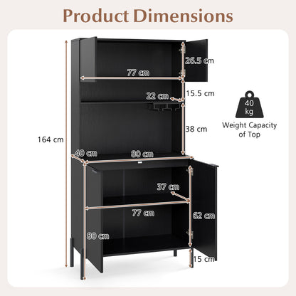 Kitchen Pantry Cabinet with Charging Station 164 cm Tall Wine Bar Cabinet-Black