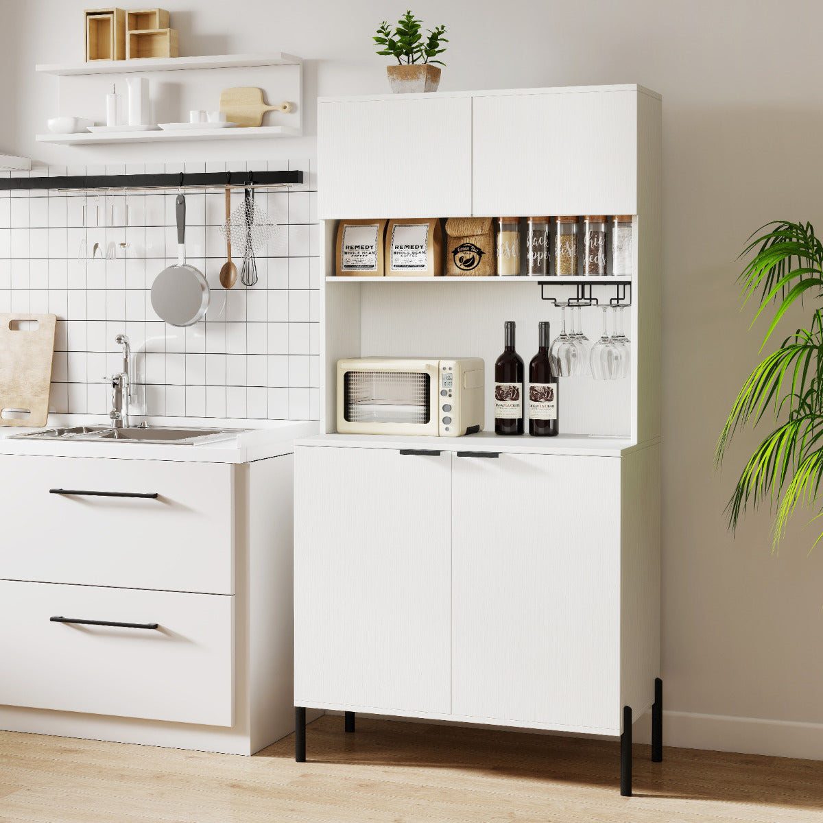 Kitchen Pantry Cabinet with Charging Station 164 cm Tall Wine Bar Cabinet-White