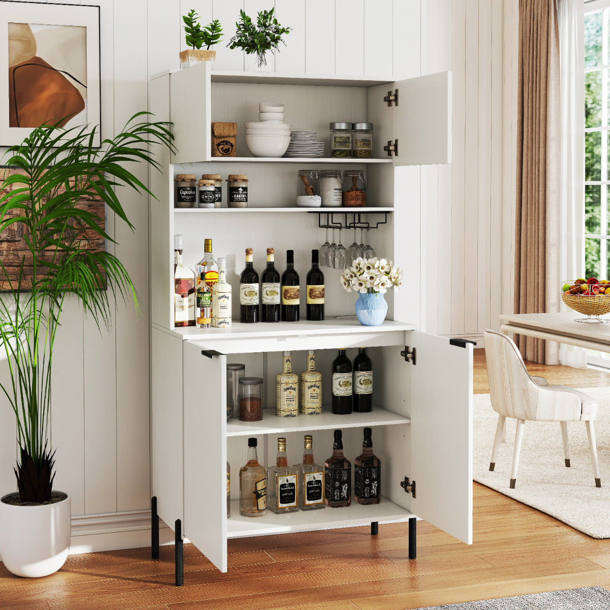 Kitchen Pantry Cabinet with Charging Station 164 cm Tall Wine Bar Cabinet-White
