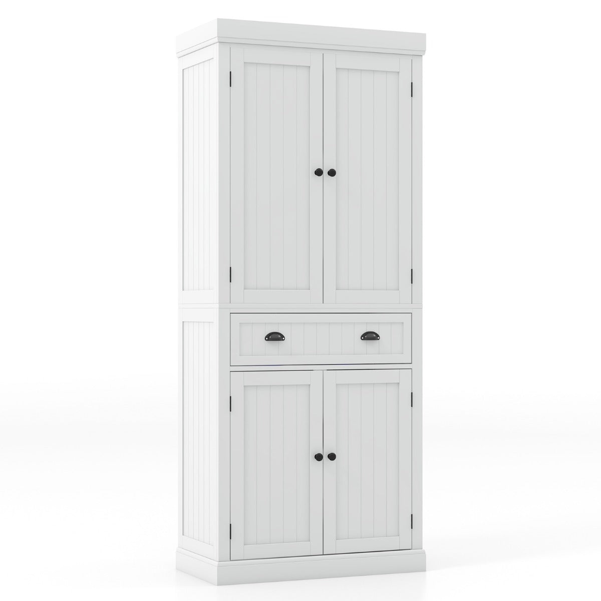 Four adjustable shelves with three height positions accommodate appliances, cans, spice jars and kitchenware
