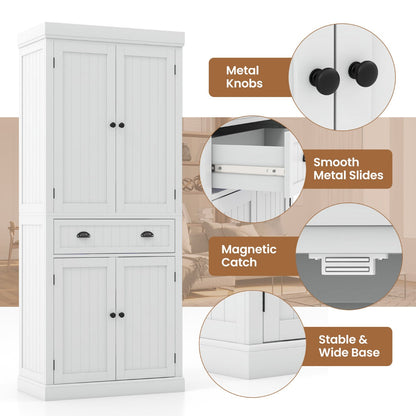 Anti-toppling device and wide stable base help improve safety and prevent the tall cupboard from wobbling