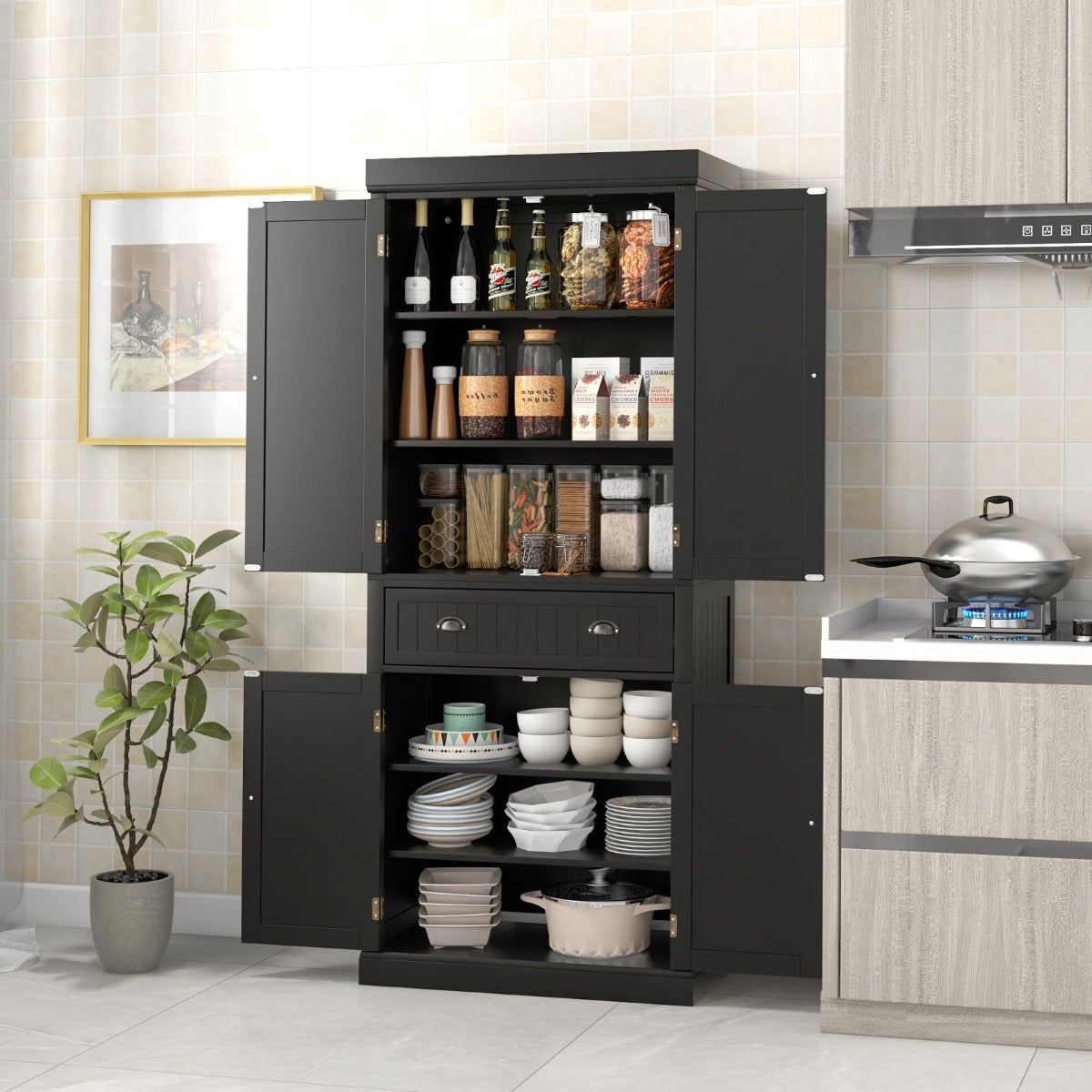Large center drawer with smooth metal rails provides convenient storage for dinnerware and supplies