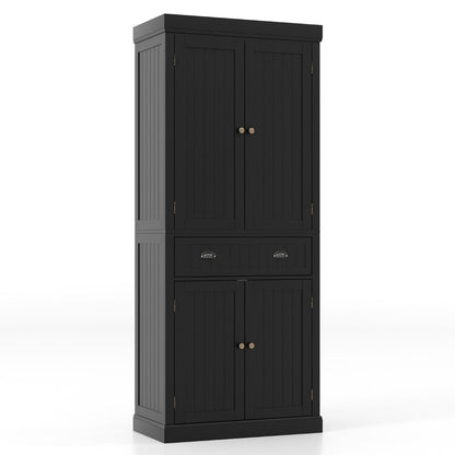 Tall freestanding storage cupboard includes four adjustable shelves for items of different heights