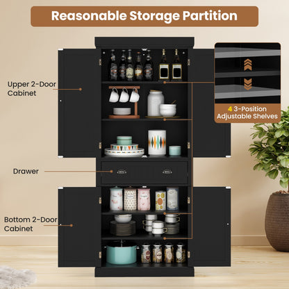 Costway 183.5 cm Kitchen Pantry Storage Cabinet with 4 Doors and Large Drawer-Black