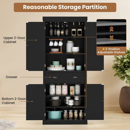 Three-position shelves accommodate appliances, kitchenware, cans, spice jars, and dining essentials