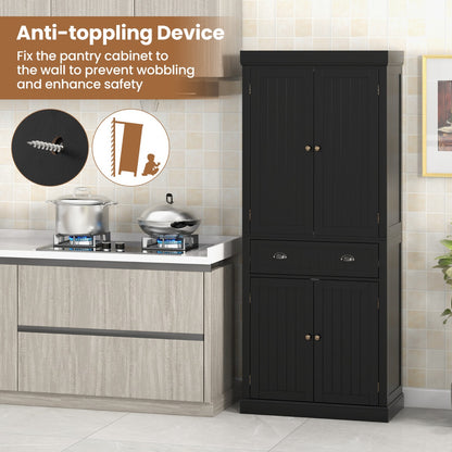 Costway 183.5 cm Kitchen Pantry Storage Cabinet with 4 Doors and Large Drawer-Black