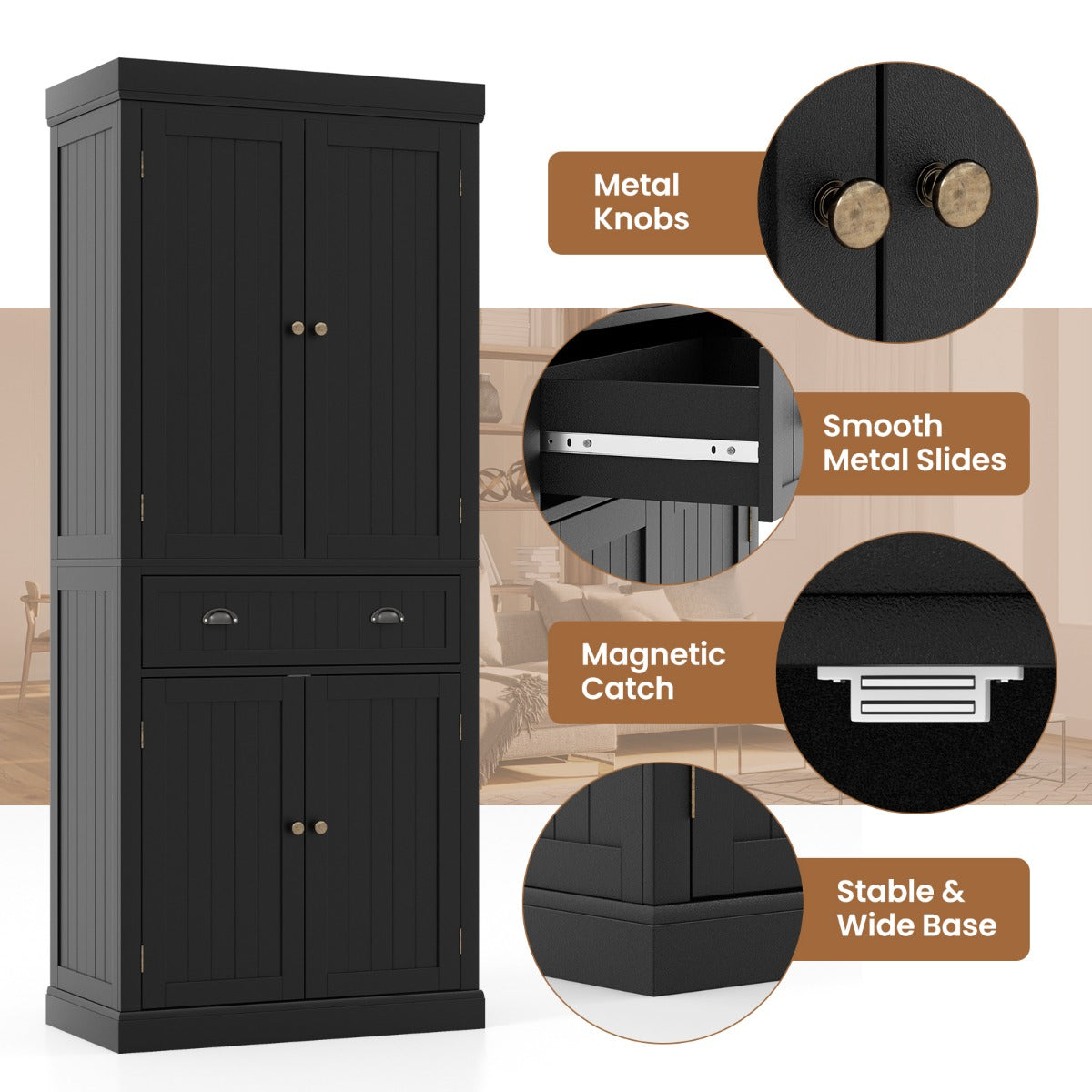 Anti-toppling device and wide stable base improve safety for homes with children or pets