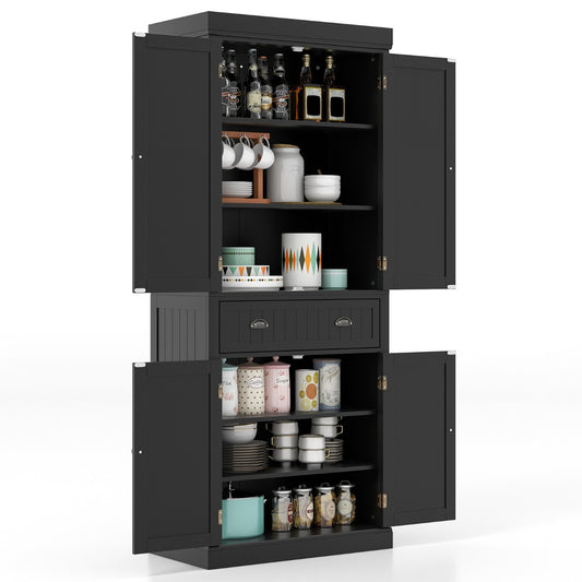 Costway 183.5 cm Kitchen Pantry Storage Cabinet with 4 Doors and Large Drawer-Black