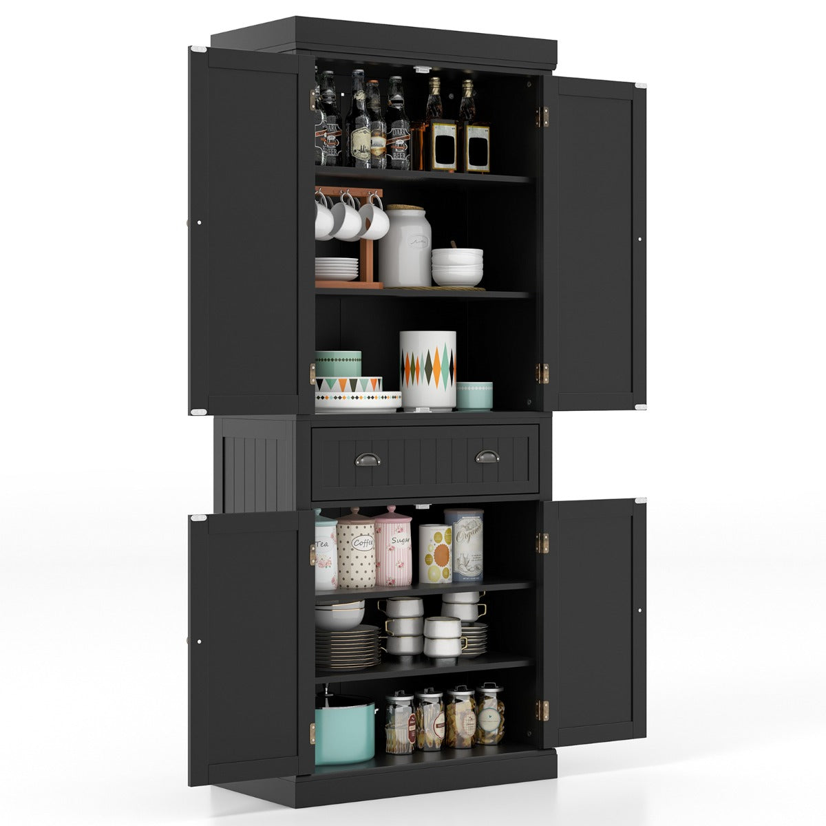Magnetic door catches keep the four pantry cabinet doors firmly closed when not in use