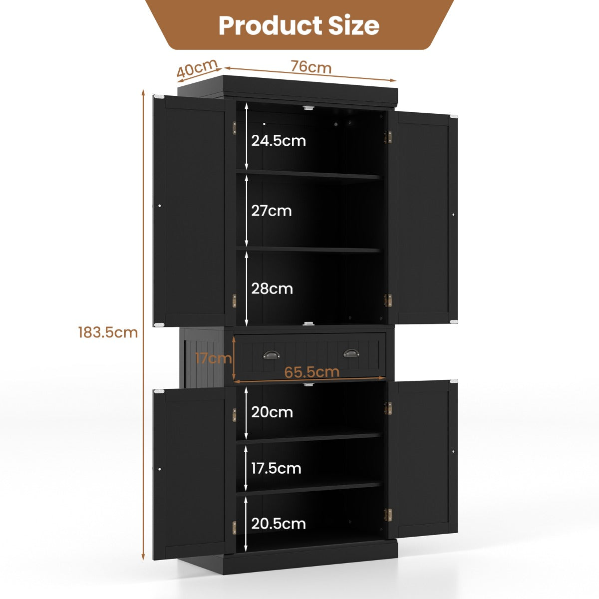 Costway 183.5 cm Kitchen Pantry Storage Cabinet with 4 Doors and Large Drawer-Black