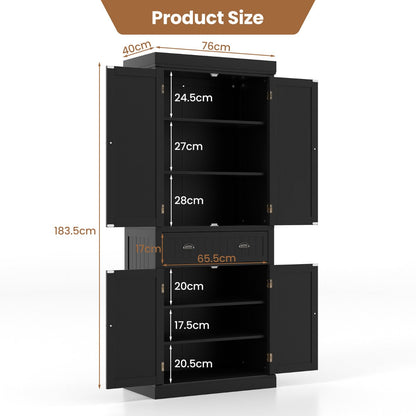 Four-door kitchen pantry cabinet with large drawer keeps dinnerware and supplies neatly organized