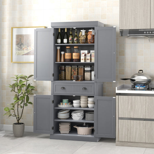 Costway 183.5 cm Kitchen Pantry Storage Cabinet with 4 Doors and Large Drawer-Grey