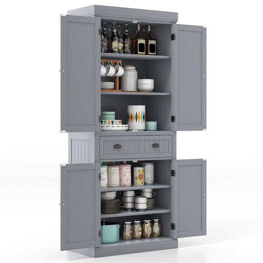 Four-door pantry storage cabinet with large drawer keeps kitchen essentials organized and hidden