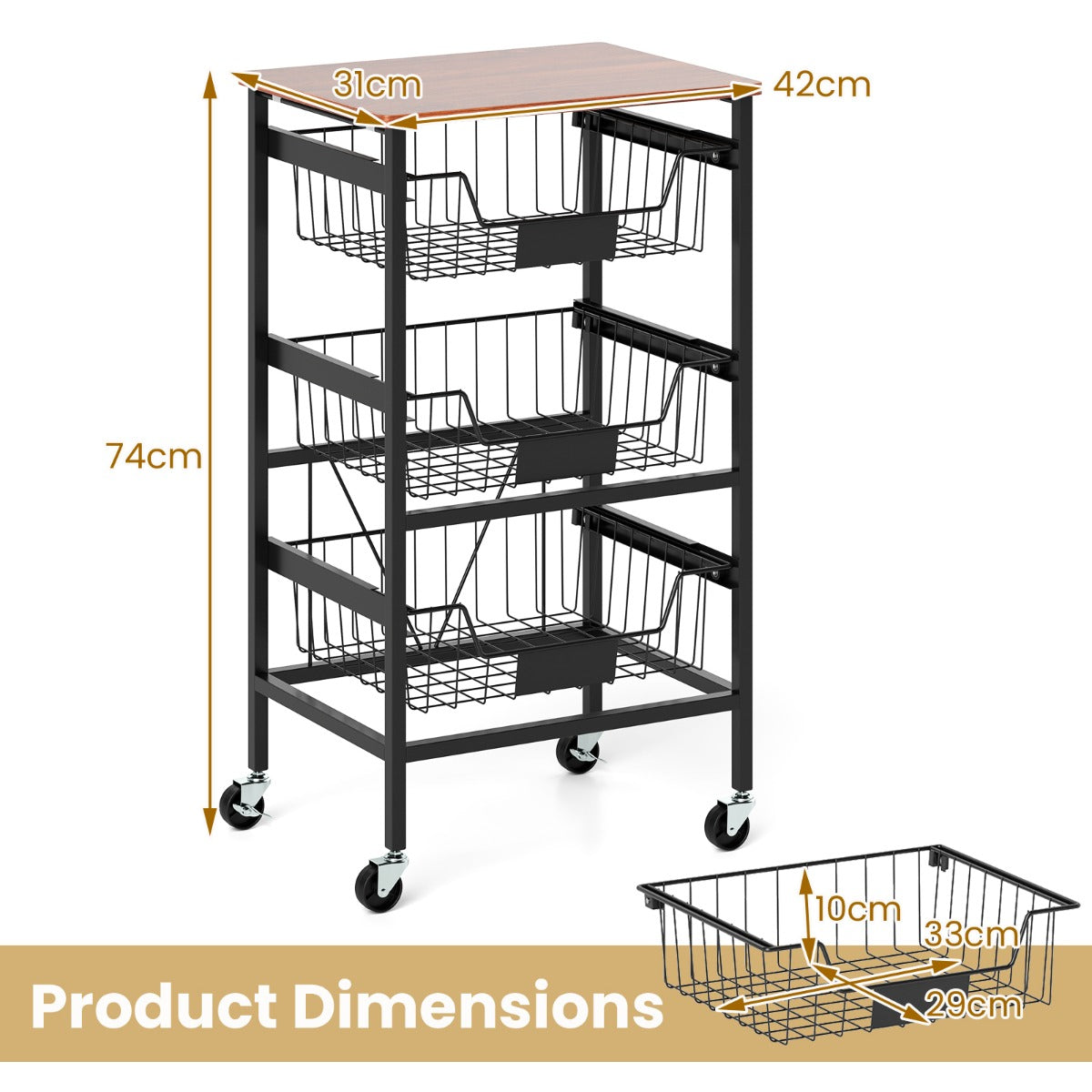 4/5-Tier Kitchen Storage Cart with Wooden Top and DIY Chalk Labels-4-Tier