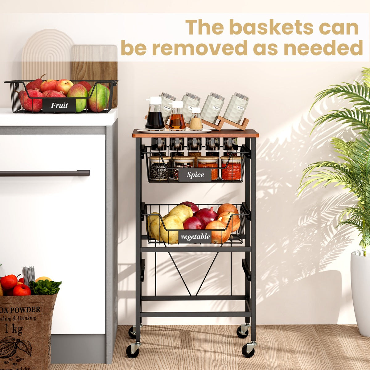 4/5-Tier Kitchen Storage Cart with Wooden Top and DIY Chalk Labels-4-Tier