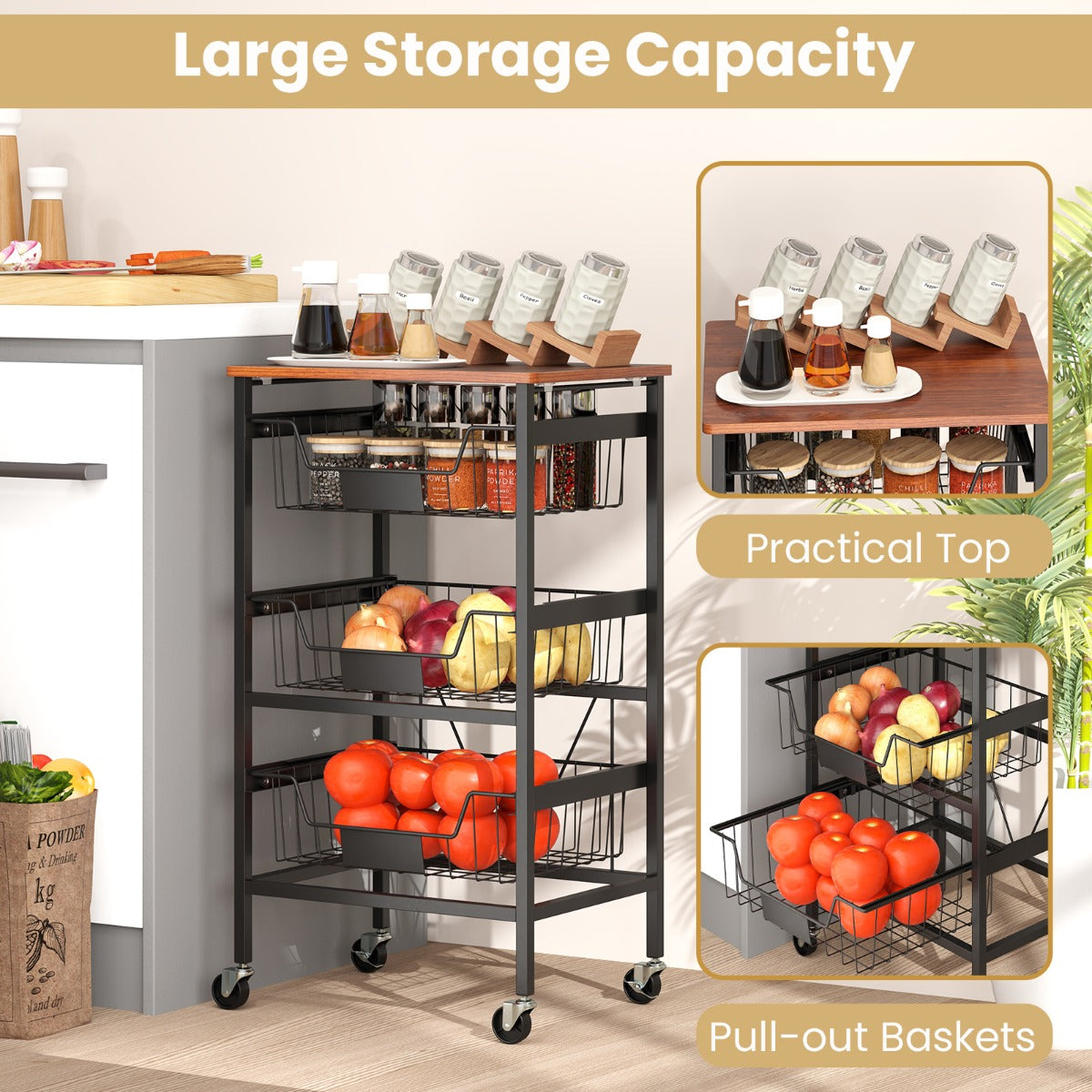 4/5-Tier Kitchen Storage Cart with Wooden Top and DIY Chalk Labels-4-Tier