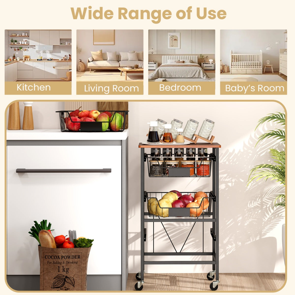 4/5-Tier Kitchen Storage Cart with Wooden Top and DIY Chalk Labels-4-Tier