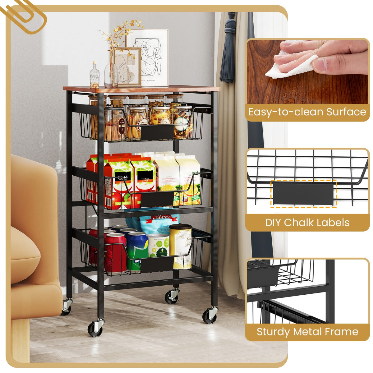 4/5-Tier Kitchen Storage Cart with Wooden Top and DIY Chalk Labels-4-Tier