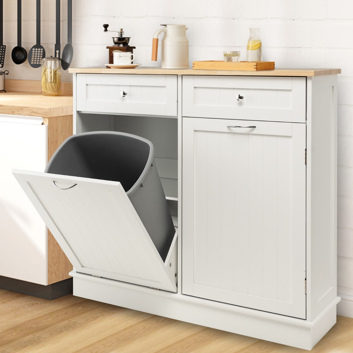 Kitchen Trash Can with Adjustable Shelf for Kitchen-White