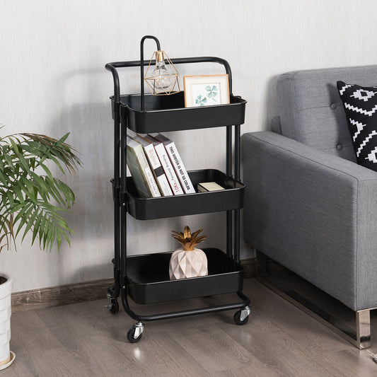 Costway 3-Tier Kitchen Trolley Cart on Wheels with ABS Mesh Basket and Metal Frame for Office, Bedroom-Black