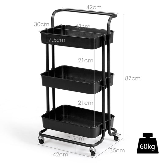 Three-tier metal rolling cart with large ABS mesh baskets for daily essentials and household supplies