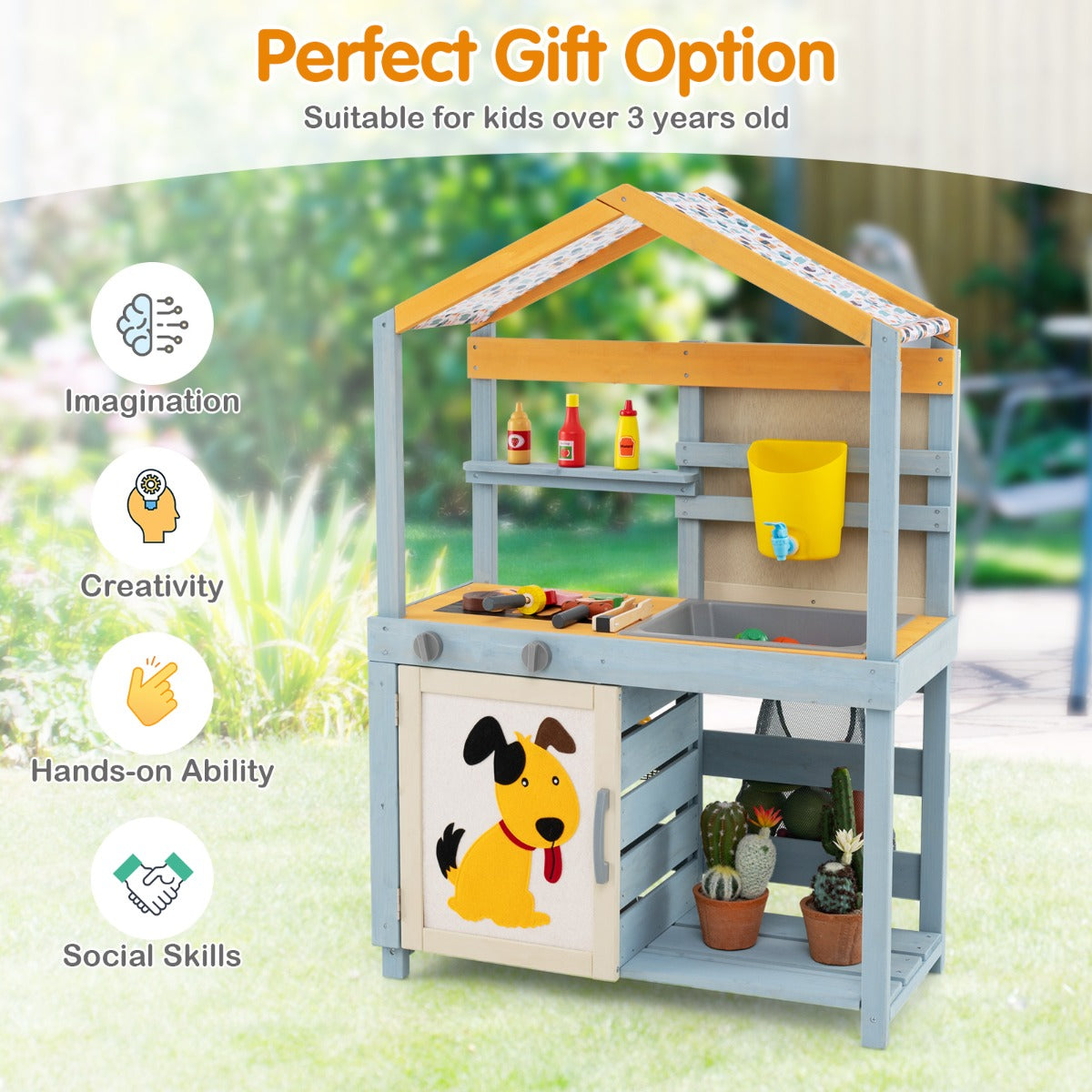 2 in 1 Wooden Mud Kitchen with Removable Water Box and Sink-Grey