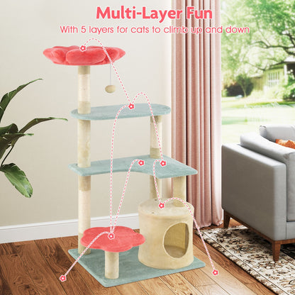 Multi-Level Aesthetic Floral Kitten Tower with Flower-Shaped Plush Padded Perch-Red