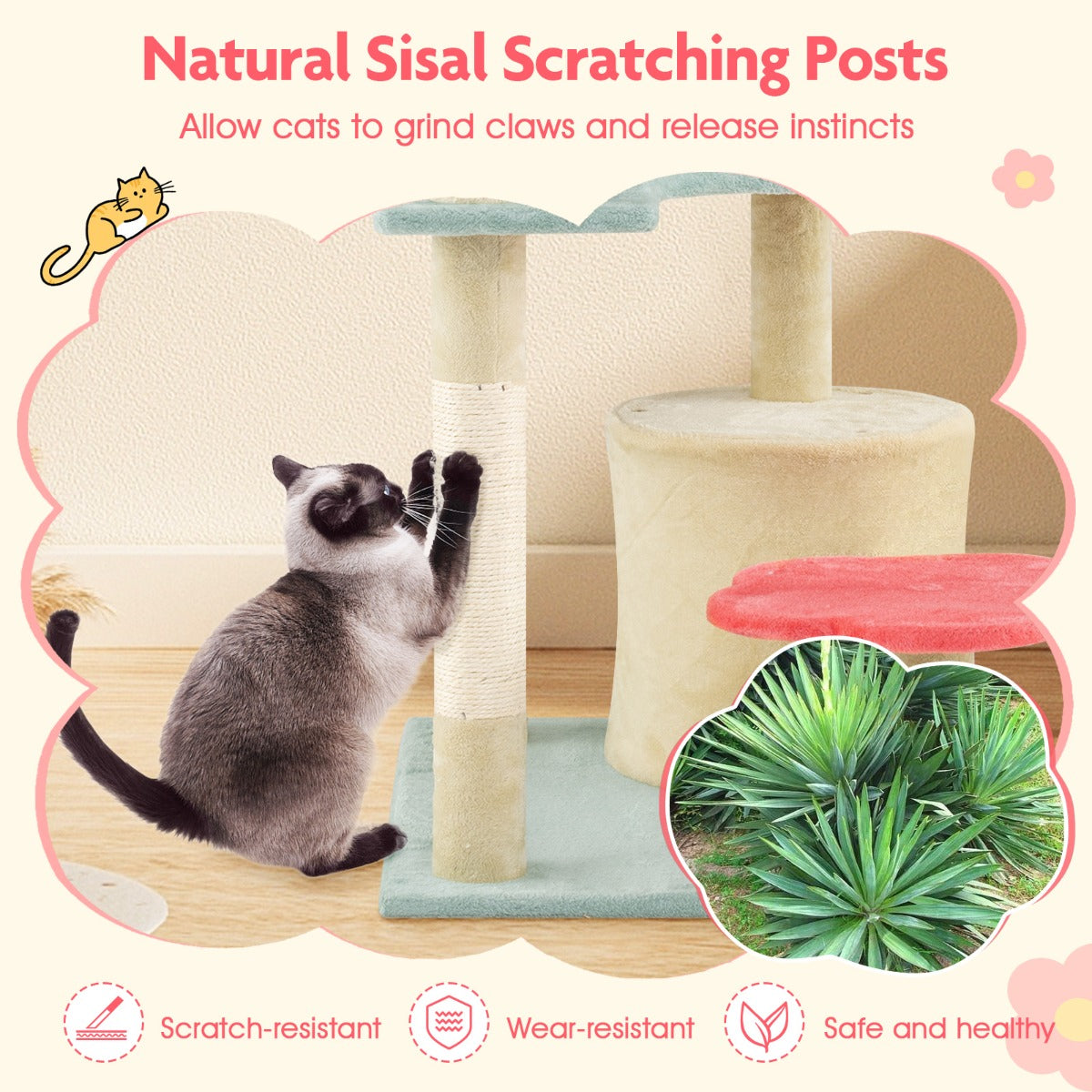 Multi-Level Aesthetic Floral Kitten Tower with Flower-Shaped Plush Padded Perch-Red