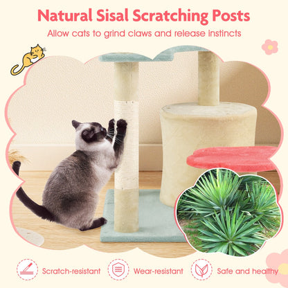 Multi-Level Aesthetic Floral Kitten Tower with Flower-Shaped Plush Padded Perch-Red