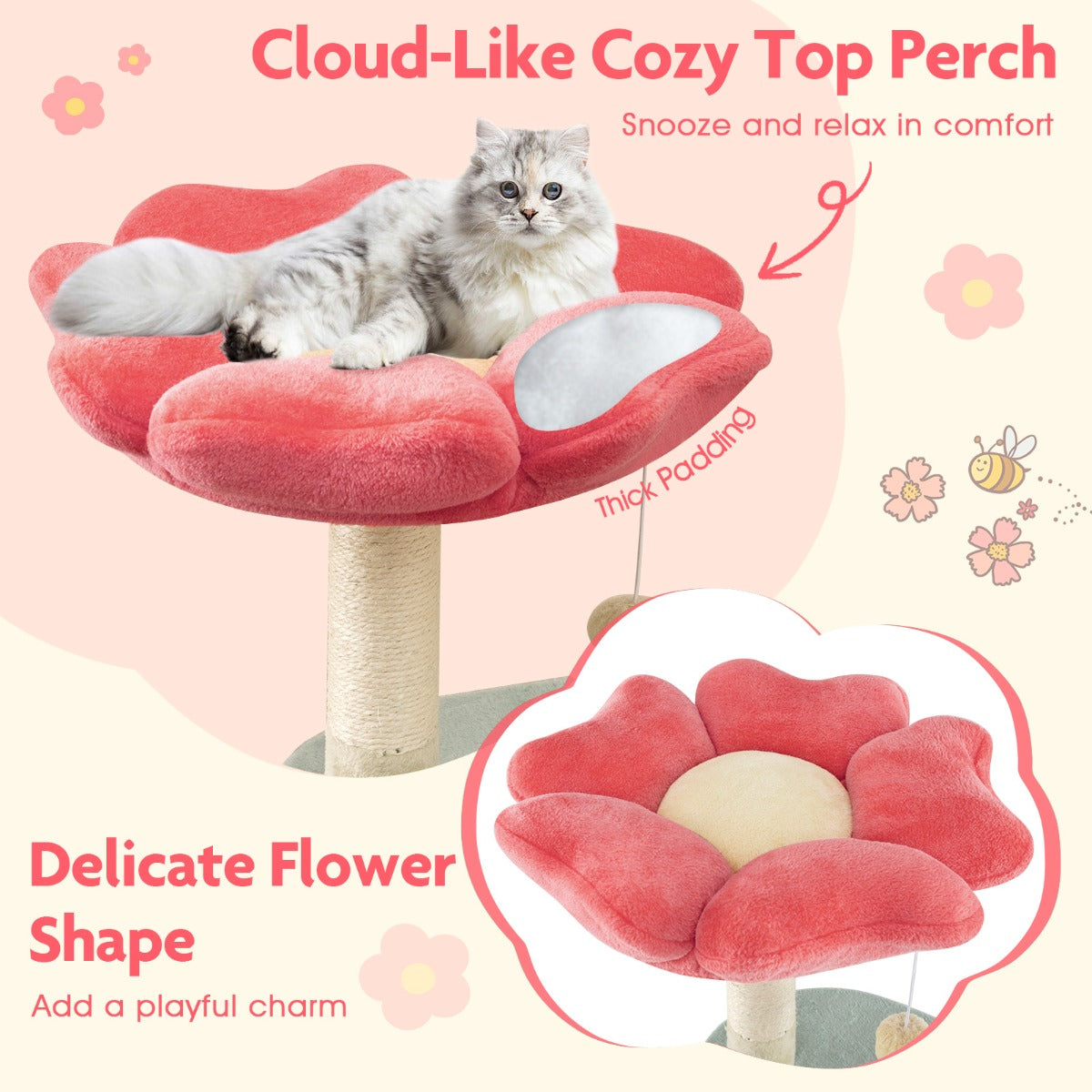 Multi-Level Aesthetic Floral Kitten Tower with Flower-Shaped Plush Padded Perch-Red